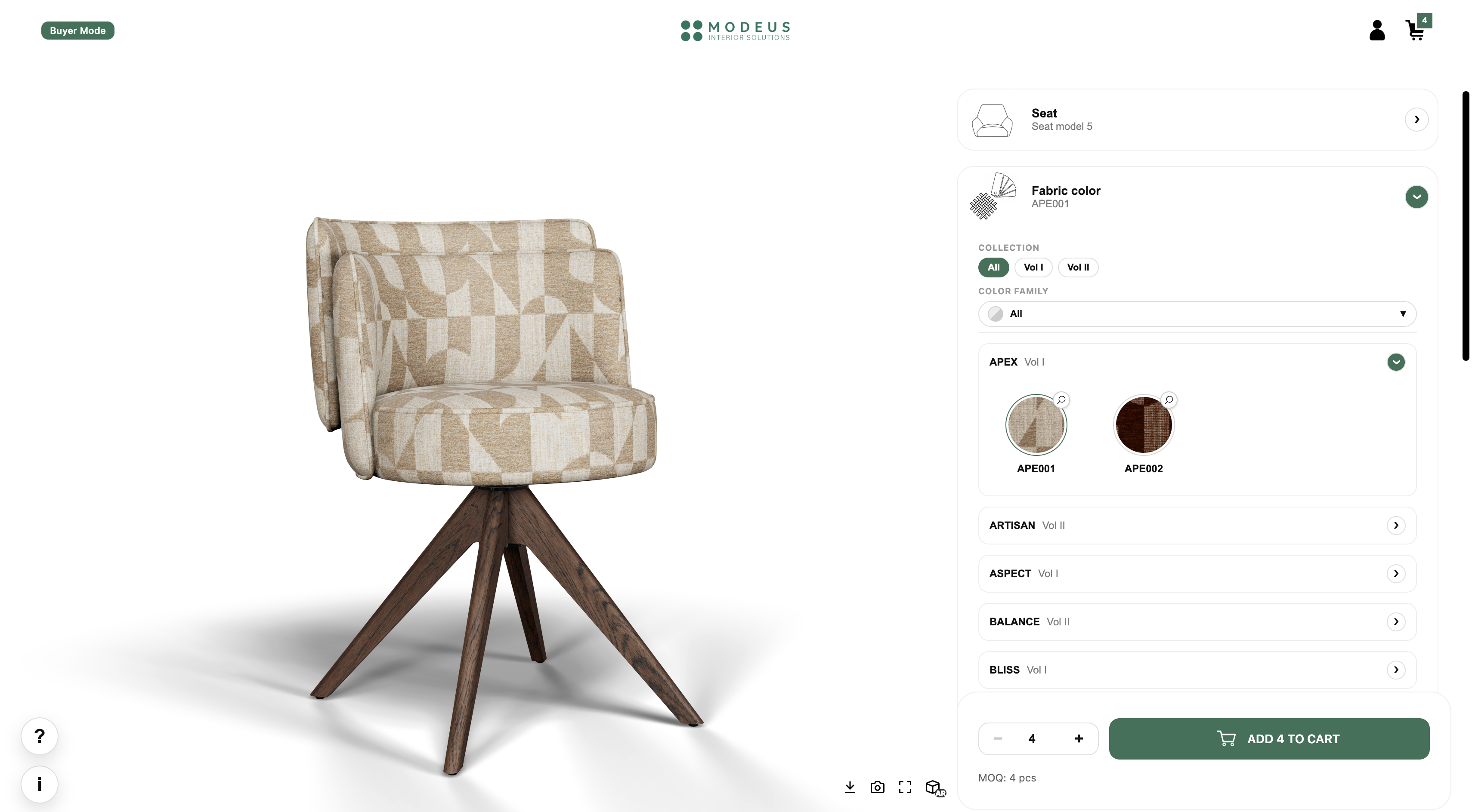 Modeus configurator in buyer mode met een 3D-stoel, stofopties en winkelwagenknop