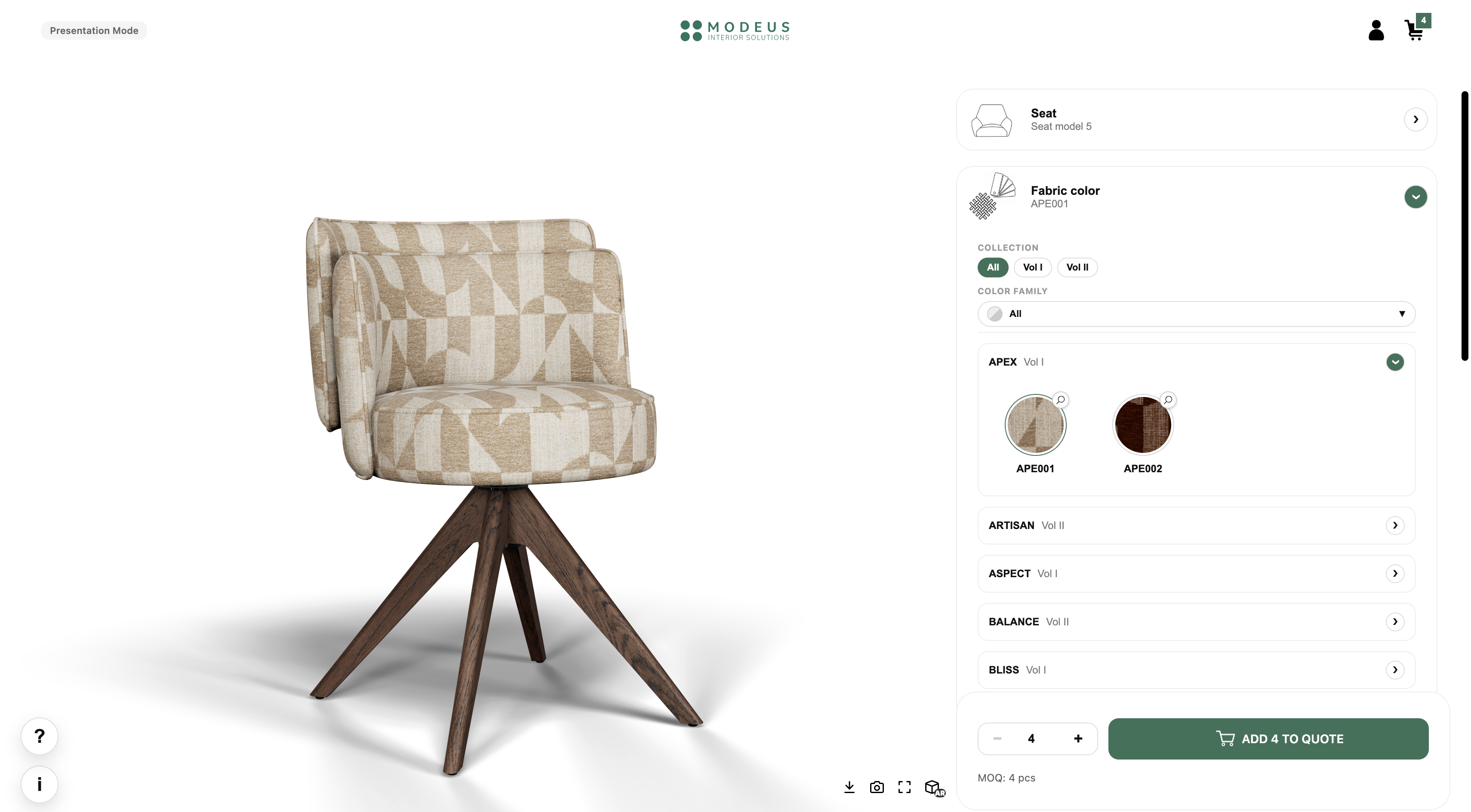 Presentatiemodus in de Modeus configurator met geopende stofopties