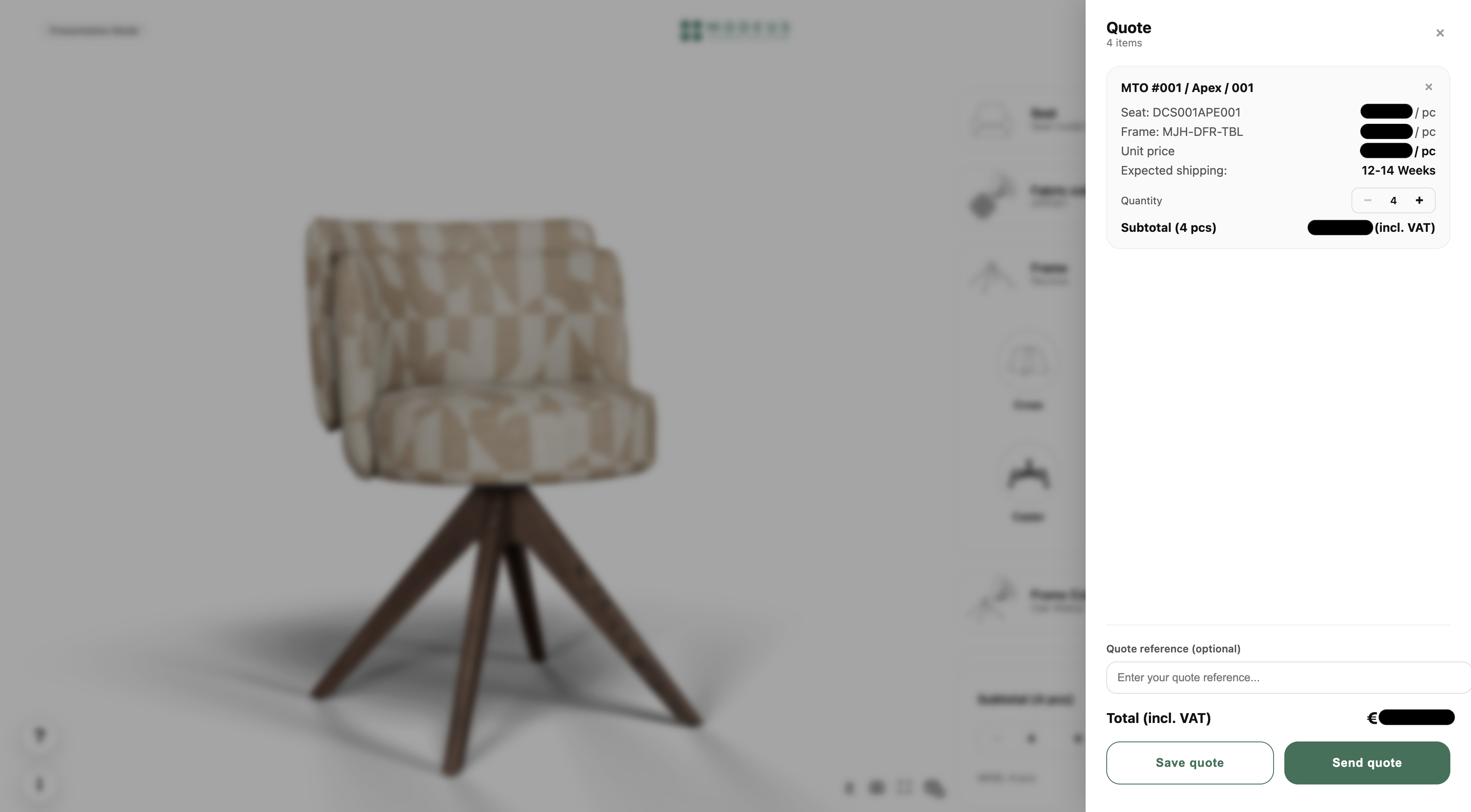 Offertepaneel in de Modeus configurator met knoppen om een offerte op te slaan en te versturen